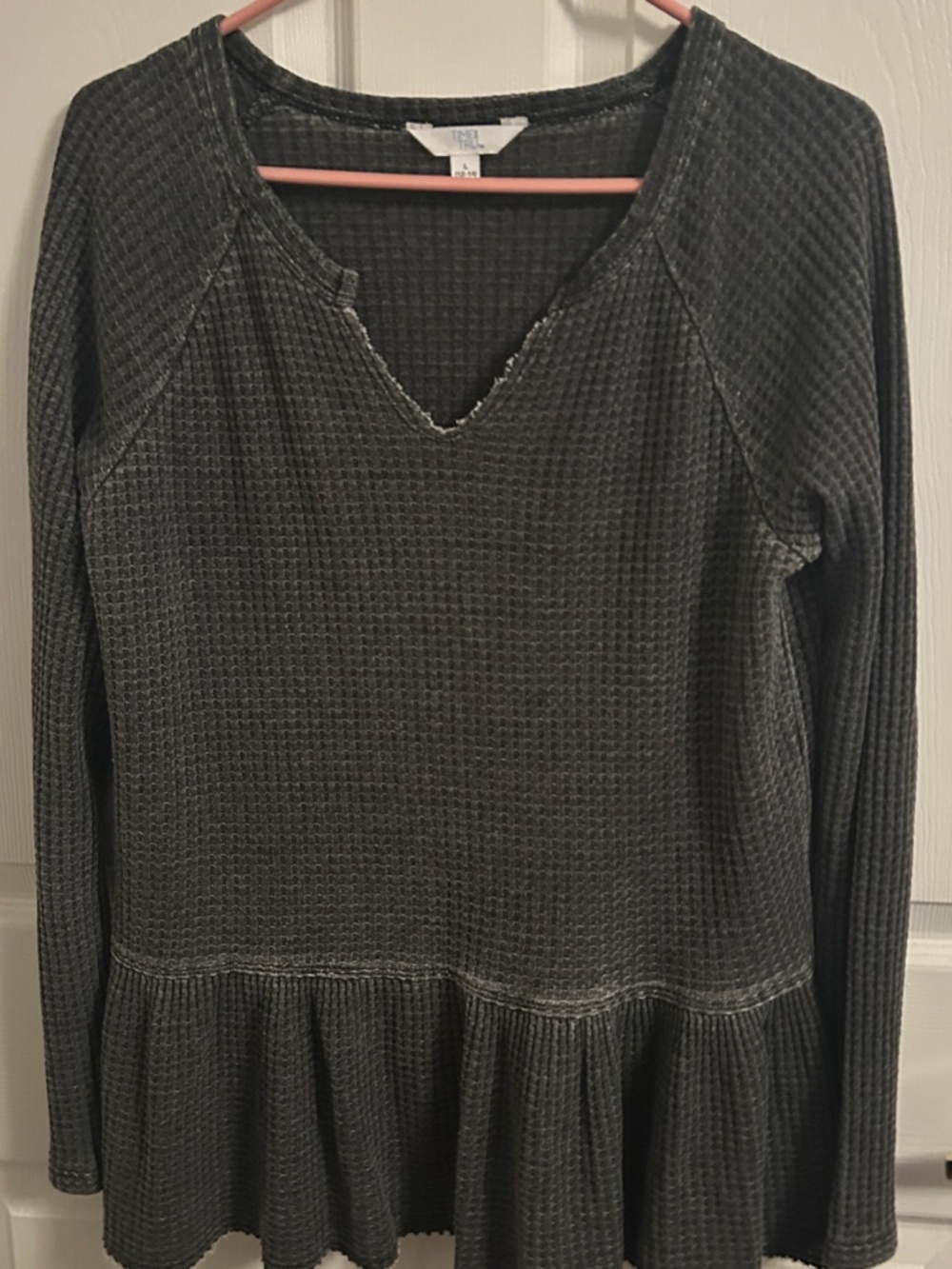 Time and Tru Dark Gray Waffle Knit Peplum Long-Sleeve Dress